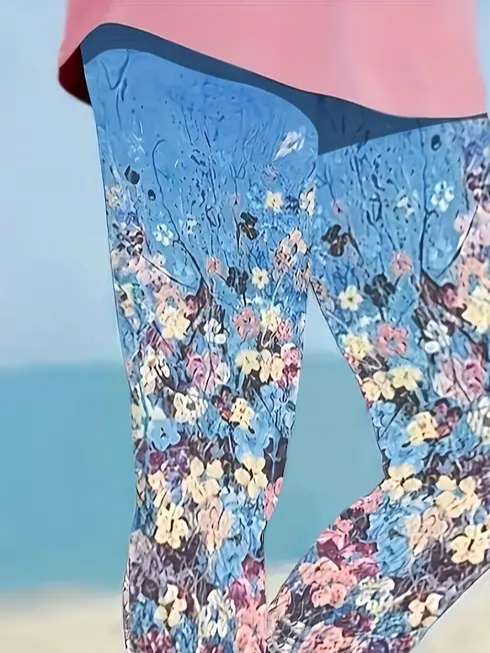 Women's Floral Capris Elastic Waist Pant Casual Summer Trousers