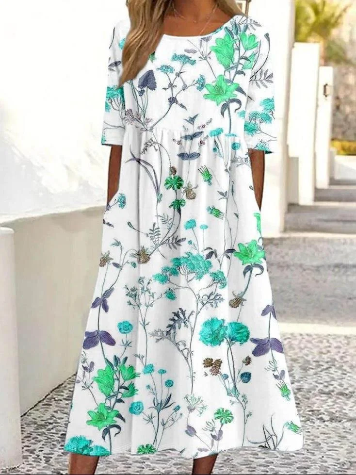 Women Floral Half Sleeve Summer Dress Crew Neck Daily Vintage Maxi Shirt Dress A-Line Dress