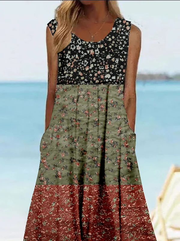 Women Multicolor Block Sleeveless Summer Dress Crew Neck Daily Vintage Maxi Tank A-Line Dress