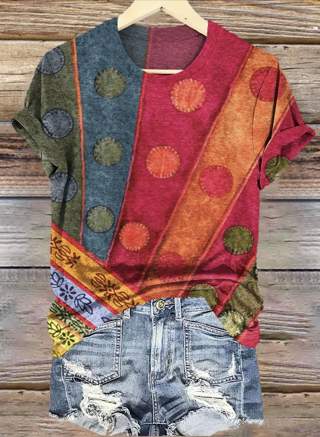 Women's Geometric Short Sleeve Tee T-shirt Crew Neck Vintage Summer Top