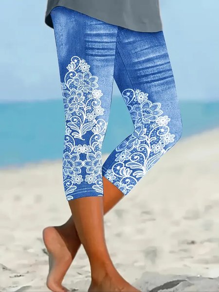 Women's Floral Capris Elastic Waist Pant Casual Summer Trousers