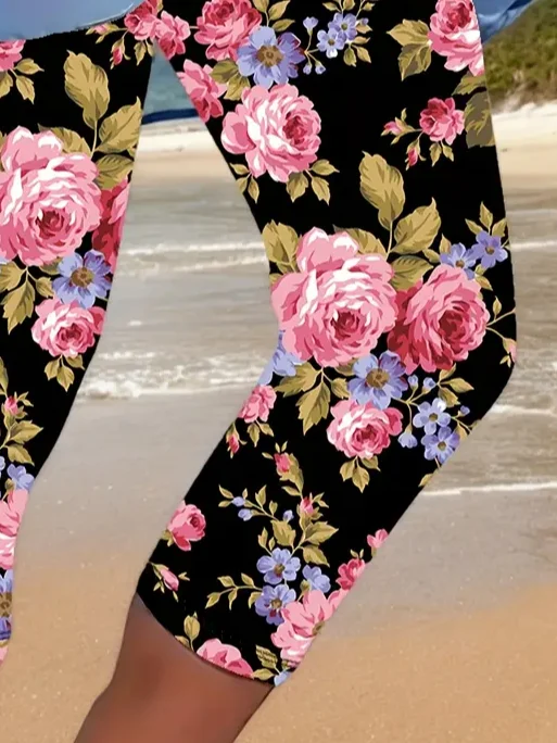 Women's Floral Capris Elastic Waist Pant Casual Summer Trousers