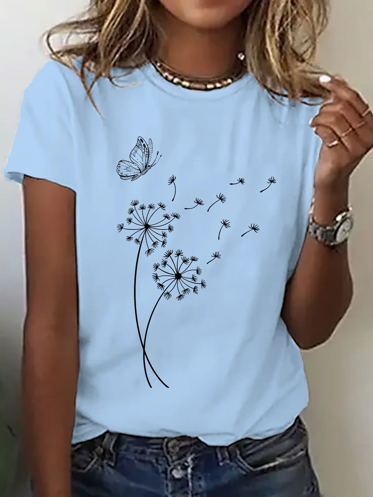 Women Dandelion Short Sleeve Tee T-shirt Crew Neck Casual Summer Top