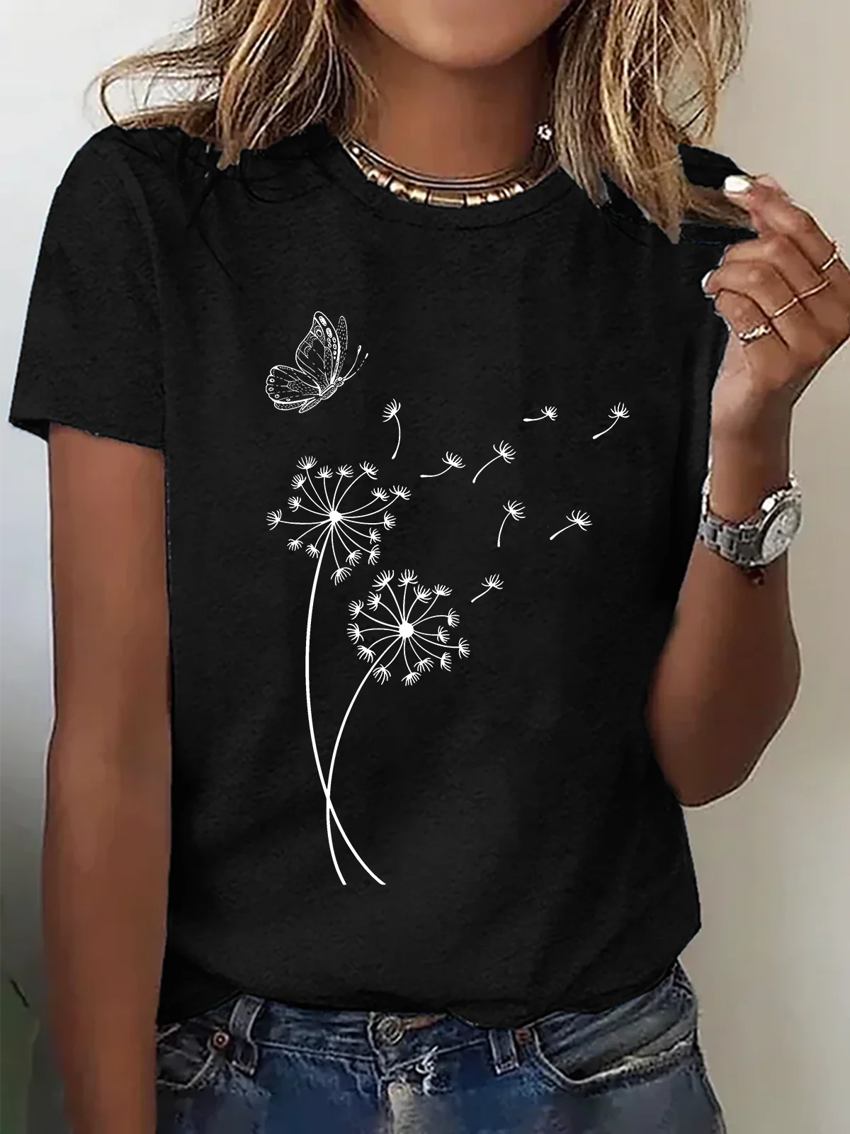 Women Dandelion Short Sleeve Tee T-shirt Crew Neck Casual Summer Top