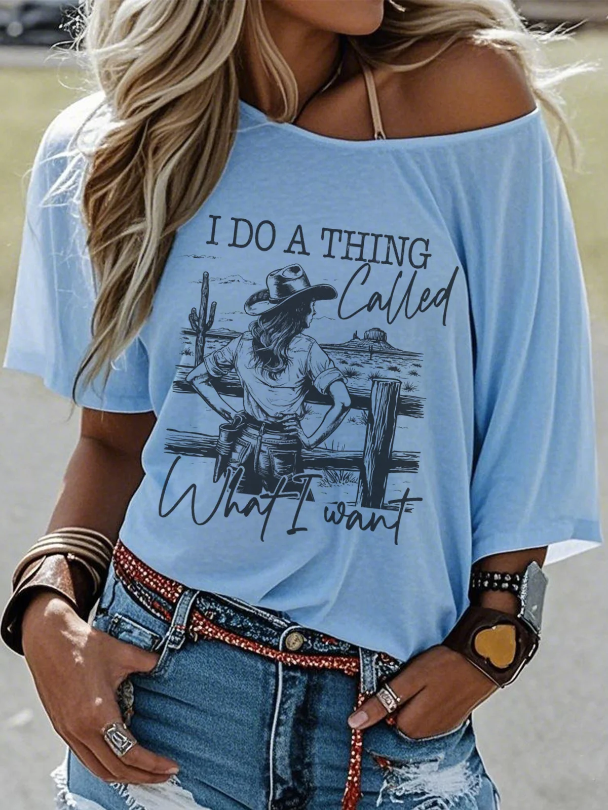 Women Wild West Short Sleeve Tee T-shirt Crew Neck Casual Summer Top