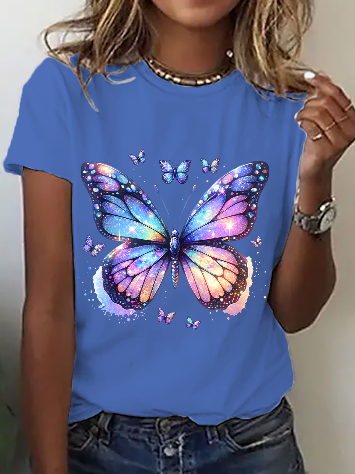 Women Butterfly Short Sleeve Tee T-shirt Crew Neck Casual Summer Top