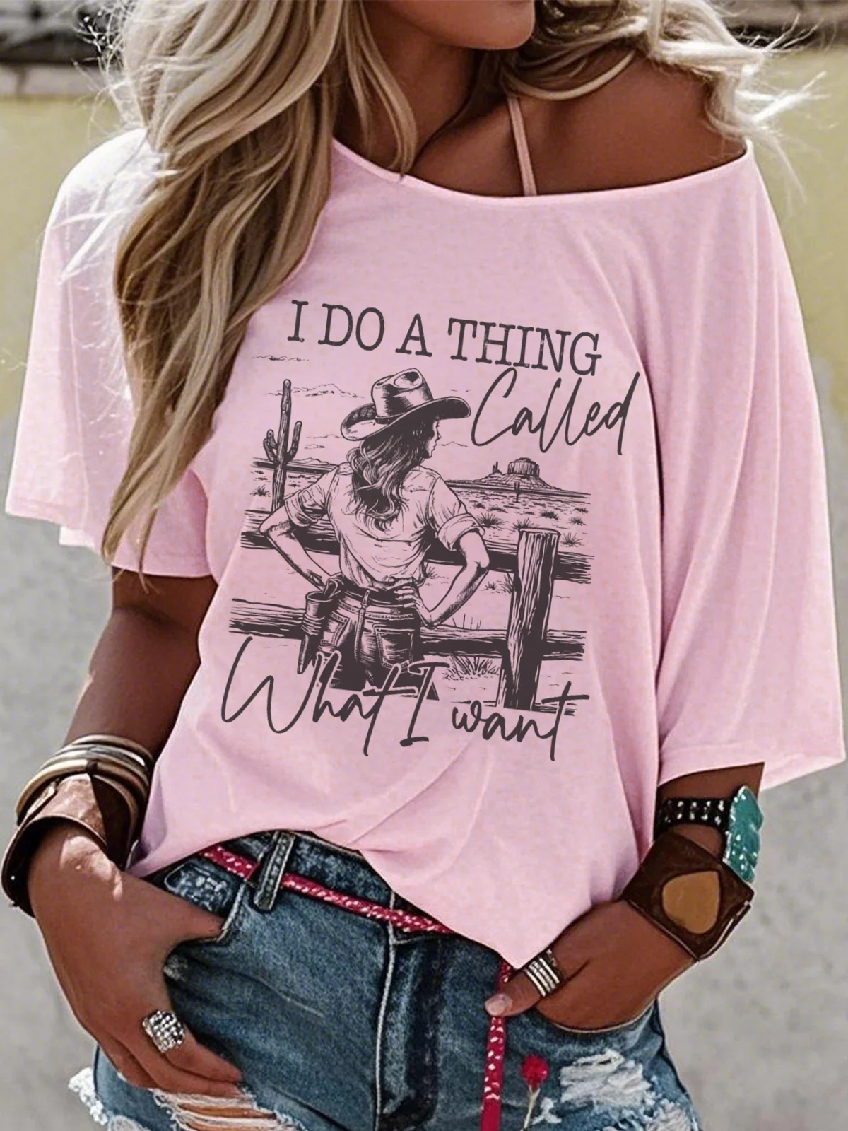 Women Wild West Short Sleeve Tee T-shirt Crew Neck Casual Summer Top