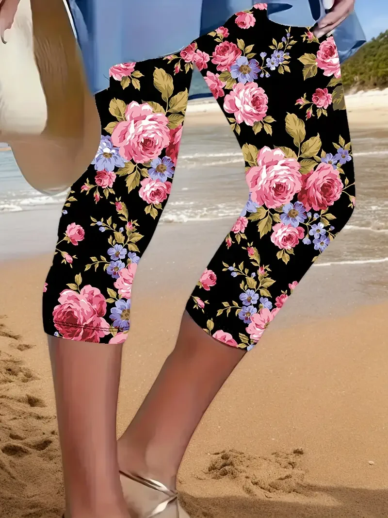 Women's Floral Capris Elastic Waist Pant Casual Summer Trousers