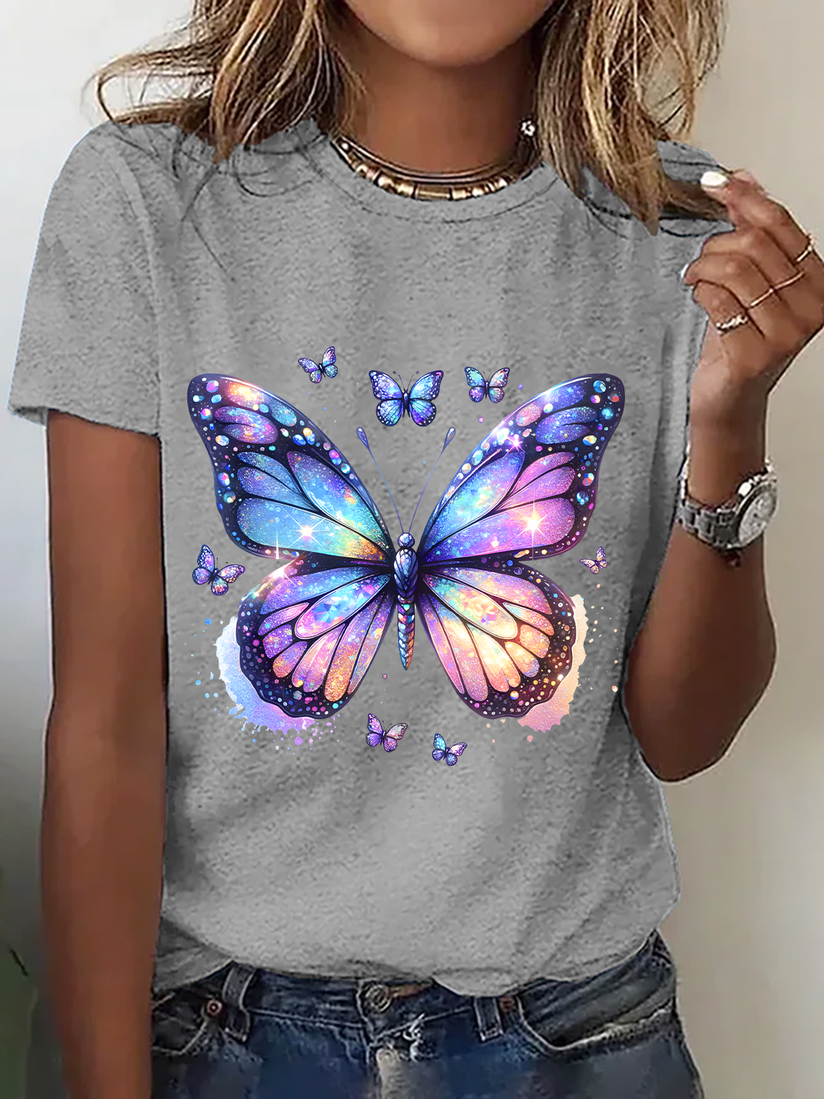 Women Butterfly Short Sleeve Tee T-shirt Crew Neck Casual Summer Top
