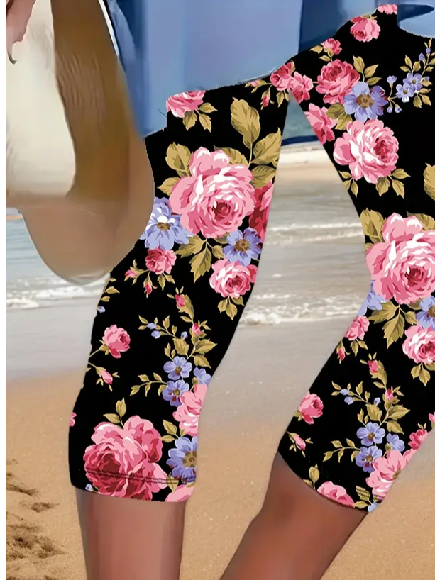 Women's Floral Capris Elastic Waist Pant Casual Summer Trousers
