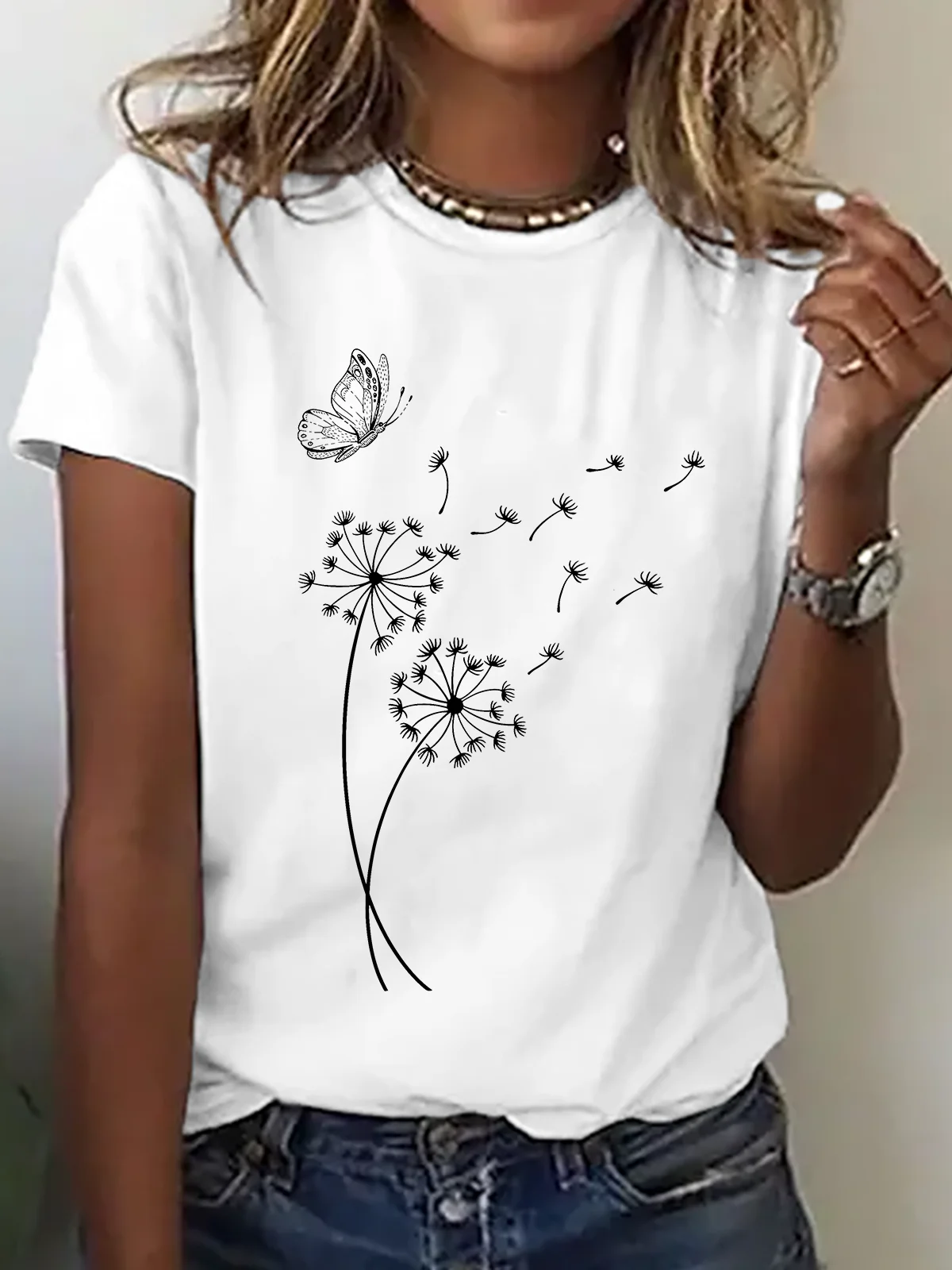 Women Dandelion Short Sleeve Tee T-shirt Crew Neck Casual Summer Top