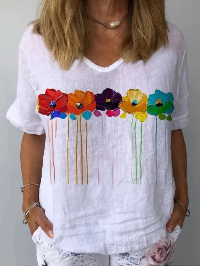Women Floral Short Sleeve Blouse Summer Crew Neck Daily Casual Top