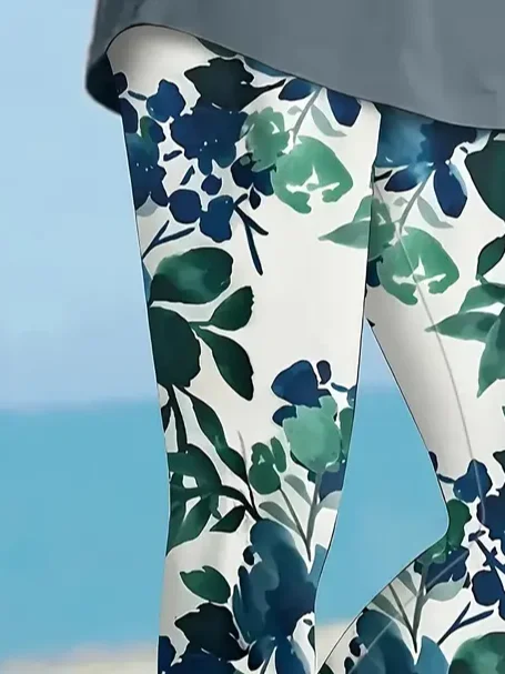 Women's Floral Capris Elastic Waist Pant Casual Summer Trousers