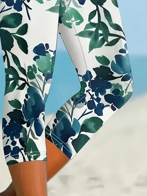 Women's Floral Capris Elastic Waist Pant Casual Summer Trousers