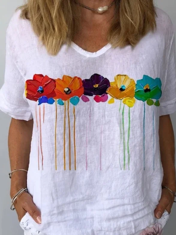 Women Floral Short Sleeve Blouse Summer Crew Neck Daily Casual Top
