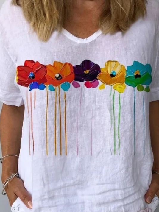 Women Floral Short Sleeve Blouse Summer Crew Neck Daily Casual Top