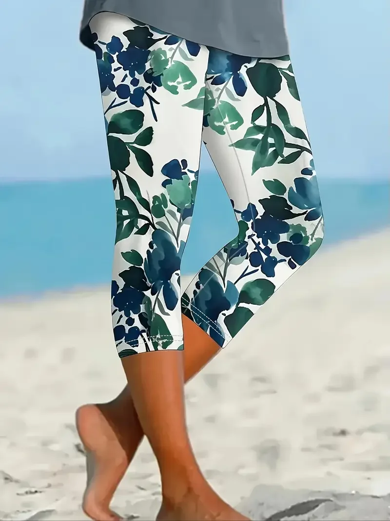 Women's Floral Capris Elastic Waist Pant Casual Summer Trousers