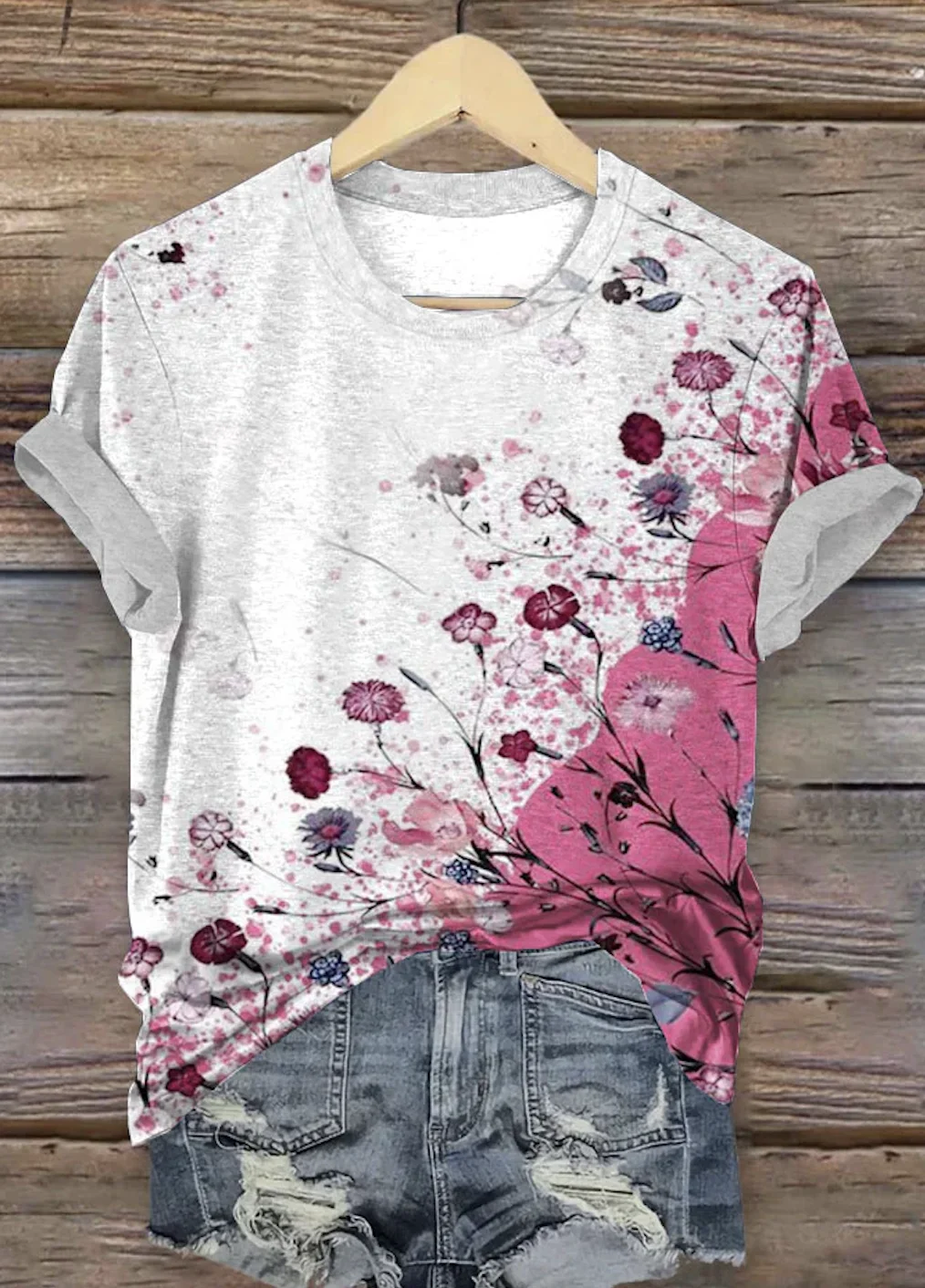 Women Floral Short Sleeve Tee T-shirt Crew Neck Casual Summer Top