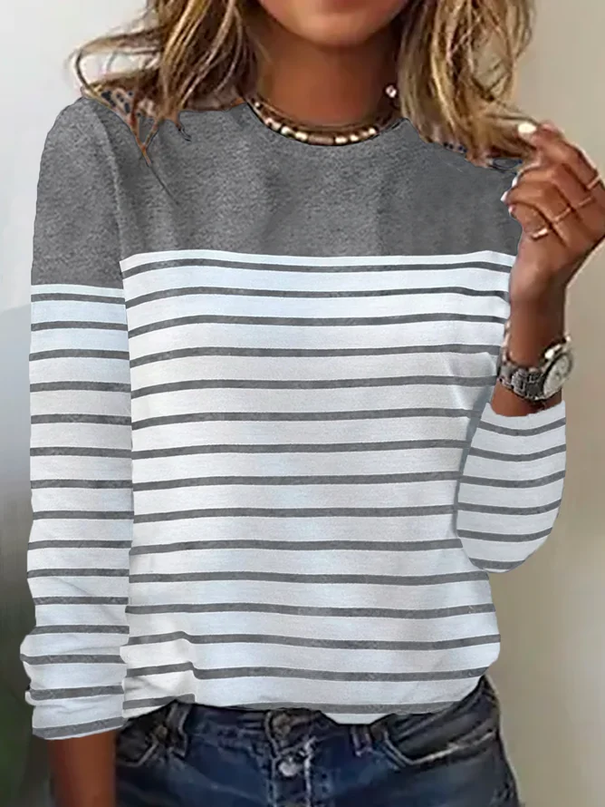 Women Striped Long Sleeve Tee T-shirt Crew Neck Casual Spring/Fall Top