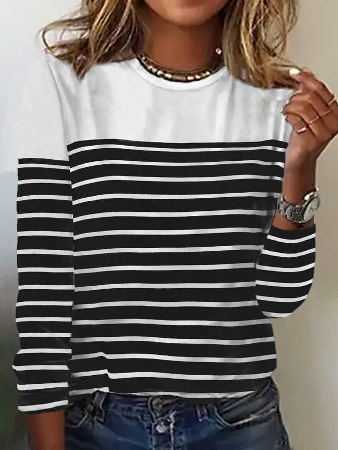 Women Striped Long Sleeve Tee T-shirt Crew Neck Casual Spring/Fall Top