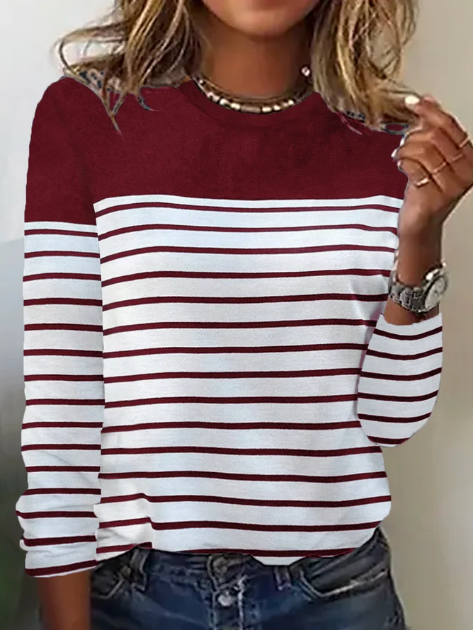Women Striped Long Sleeve Tee T-shirt Crew Neck Casual Spring/Fall Top