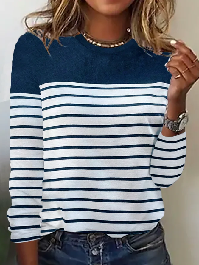 Women Striped Long Sleeve Tee T-shirt Crew Neck Casual Spring/Fall Top