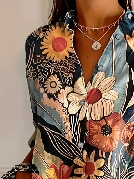 Women's Floral Long Sleeve Shirt Spring/Fall Buckle Shirt Collar Daily Casual Top
