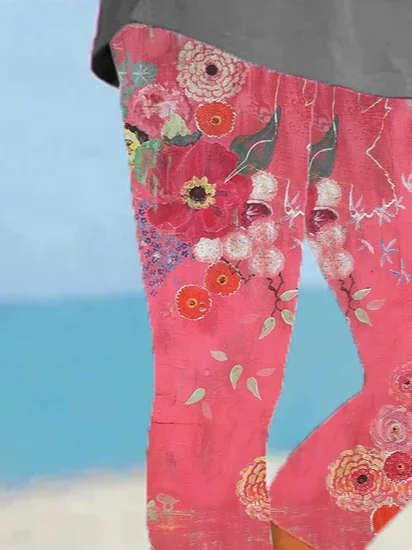 Women's Floral Capris Elastic Waist Pant Casual Summer Trousers