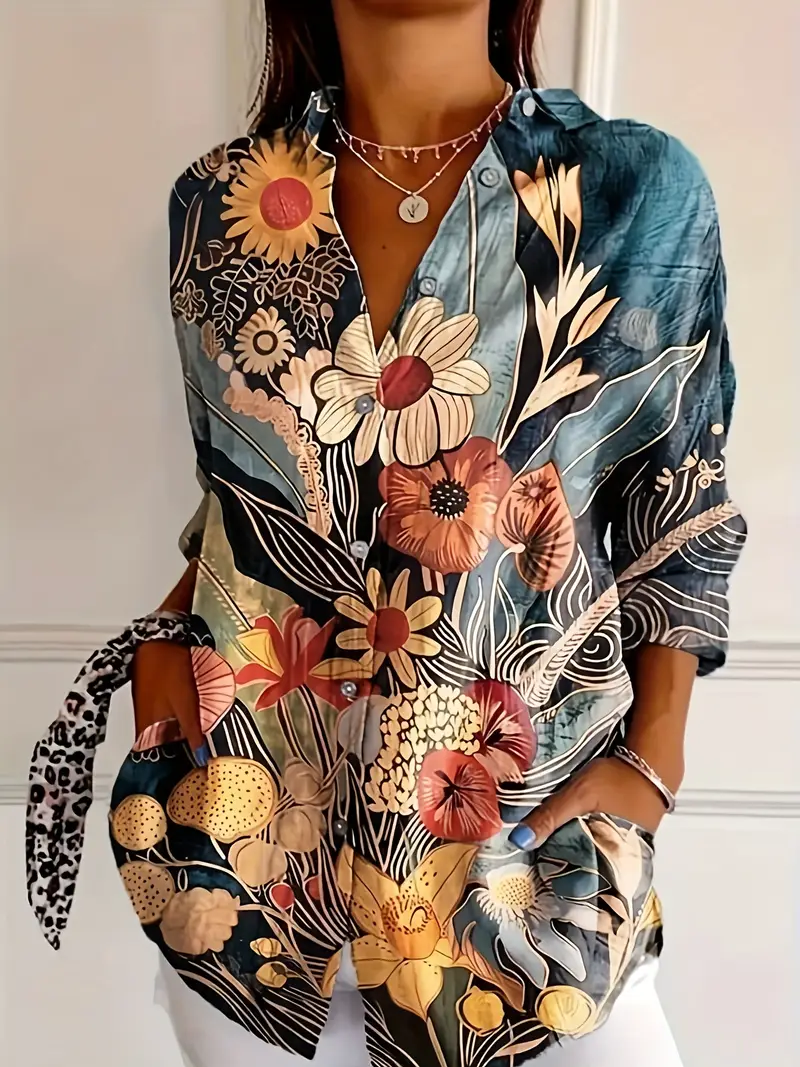 Women's Floral Long Sleeve Shirt Spring/Fall Buckle Shirt Collar Daily Casual Top