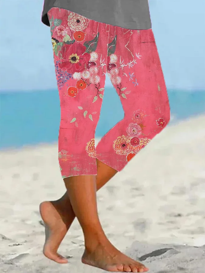 Women's Floral Capris Elastic Waist Pant Casual Summer Trousers