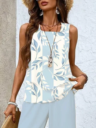 Women's Floral Printing Two-Piece Set Daily Sleeveless Casual Summer Top With Pants Matching Set