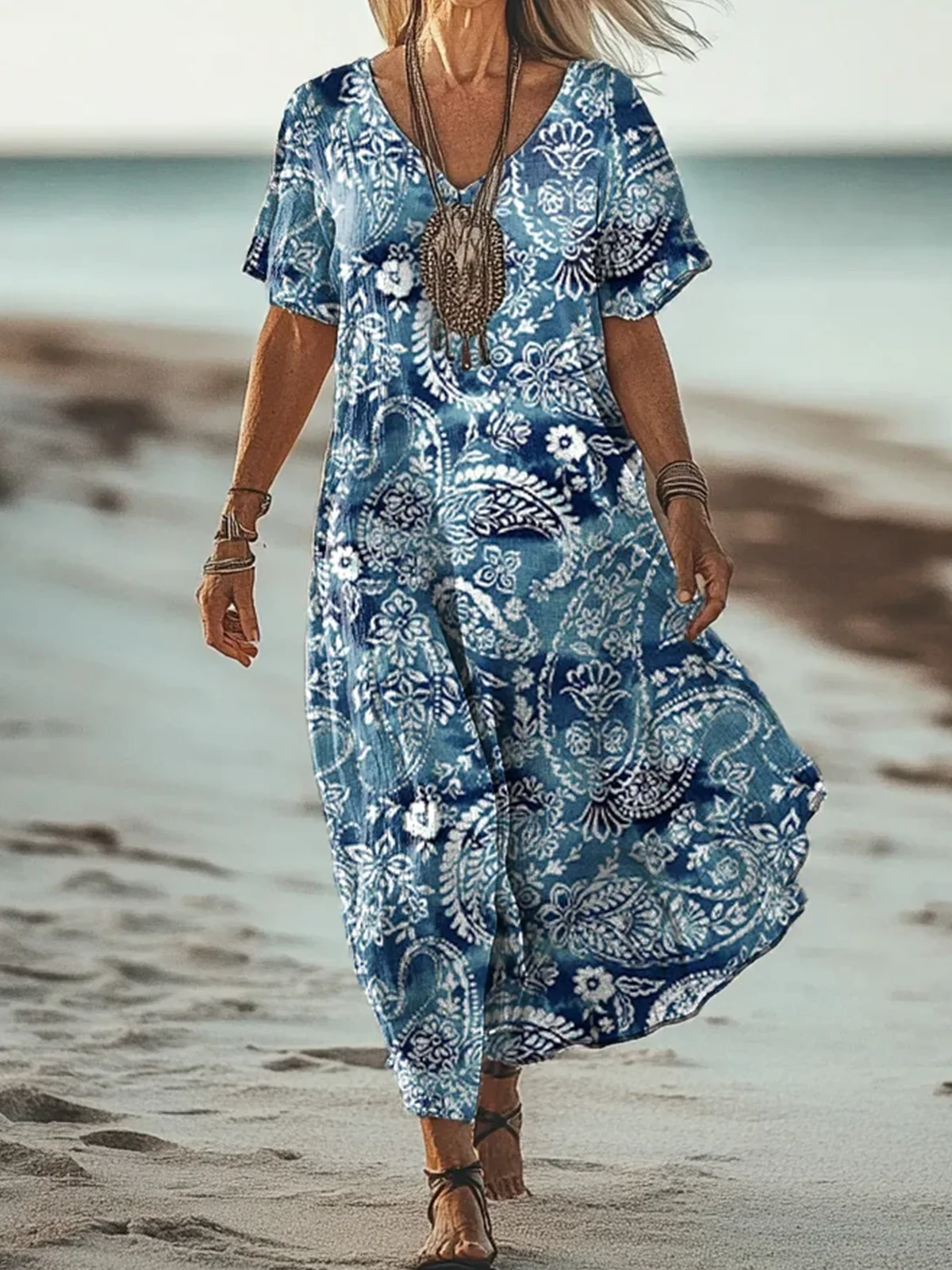 Women Paisley Short Sleeve Summer Dress V Neck Daily Vintage Maxi A-Line Dress