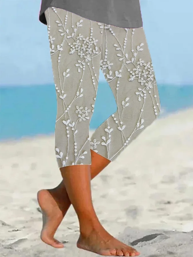 Women's Floral Capris Elastic Waist Pant Casual Summer Trousers