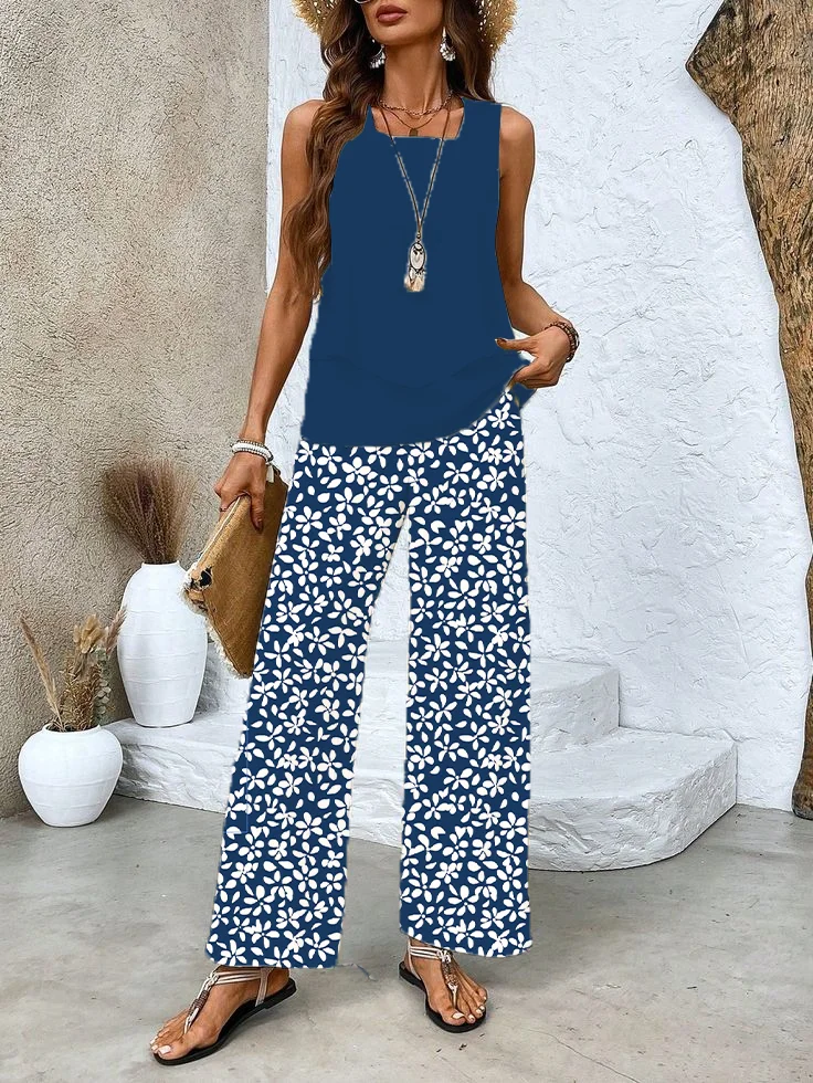 Women's Floral Printing Two-Piece Set Daily Sleeveless Casual Summer Top With Pants Matching Set