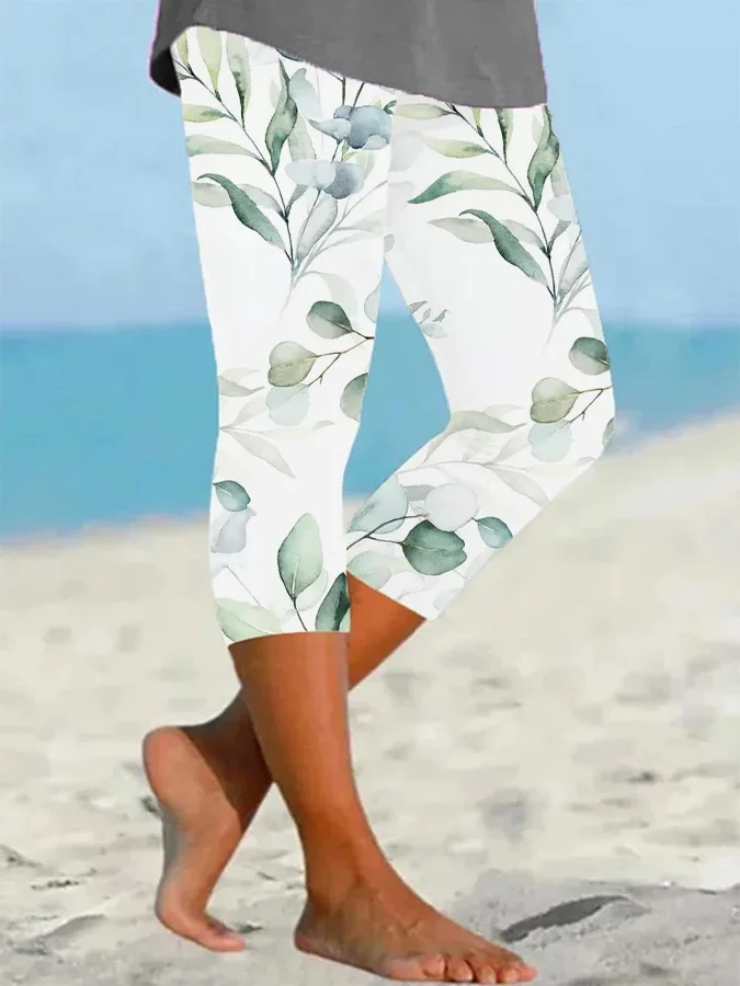 Women's Floral Capris Elastic Waist Pant Casual Summer Trousers