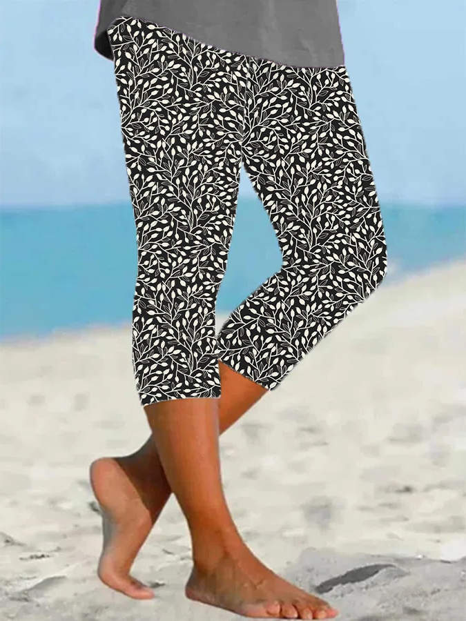 Women's Floral Capris Elastic Waist Pant Casual Summer Trousers