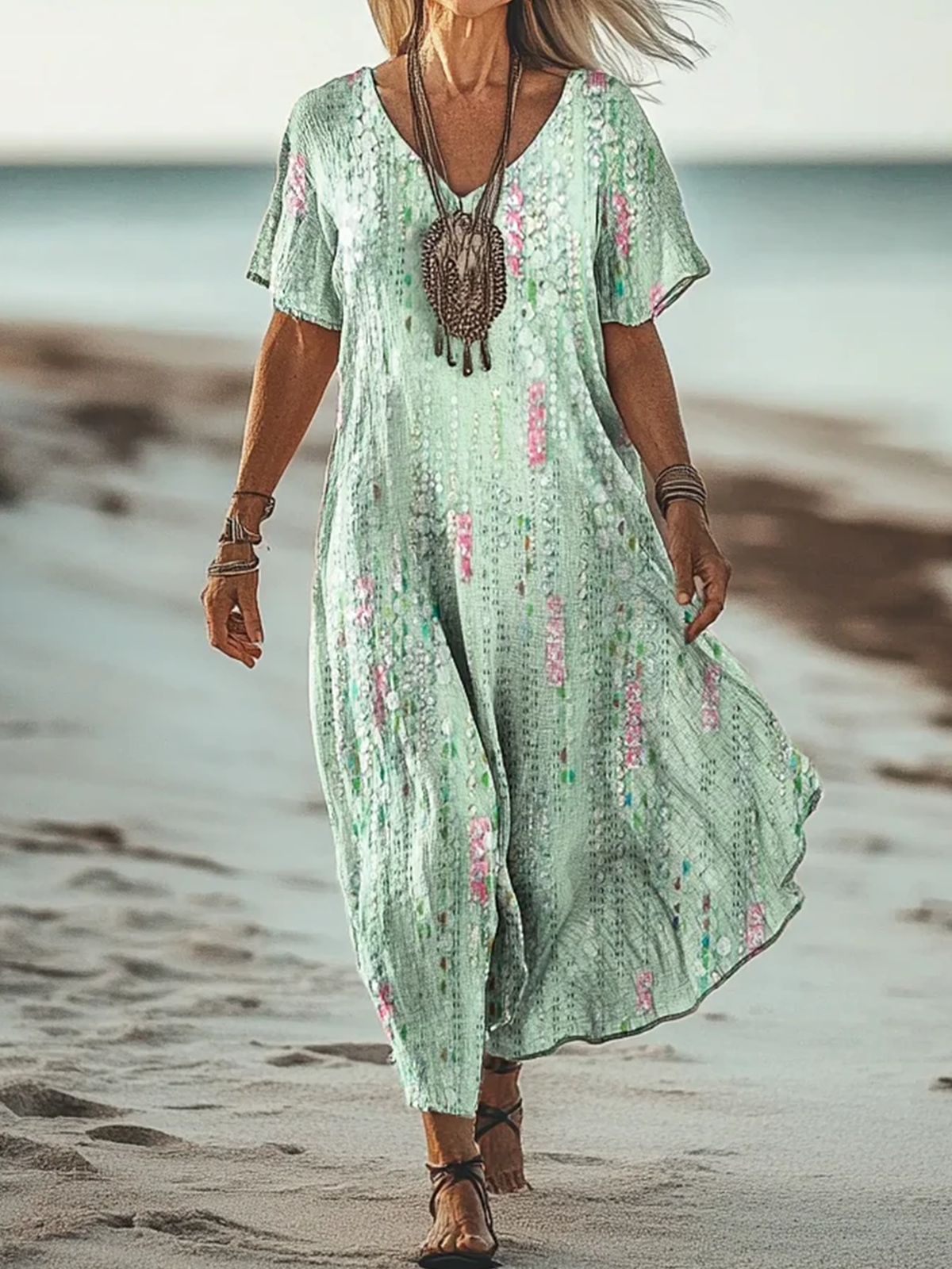 Women Floral Short Sleeve Summer Dress V Neck Daily Vintage Maxi A-Line Dress