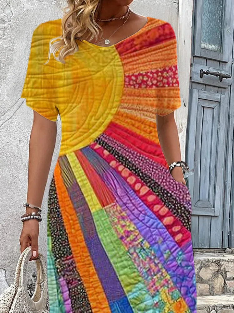 Women's Hippie Short Sleeve Summer Printing Dress V Neck Daily Vintage Maxi T-Shirt Dress H-Line Dress
