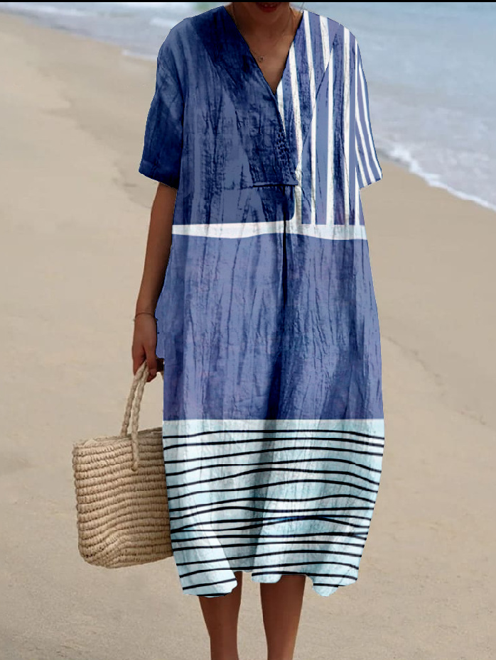 Women's Multicolor Block Short Sleeve Summer Dress V Neck Daily Vintage Maxi O-Line Dress