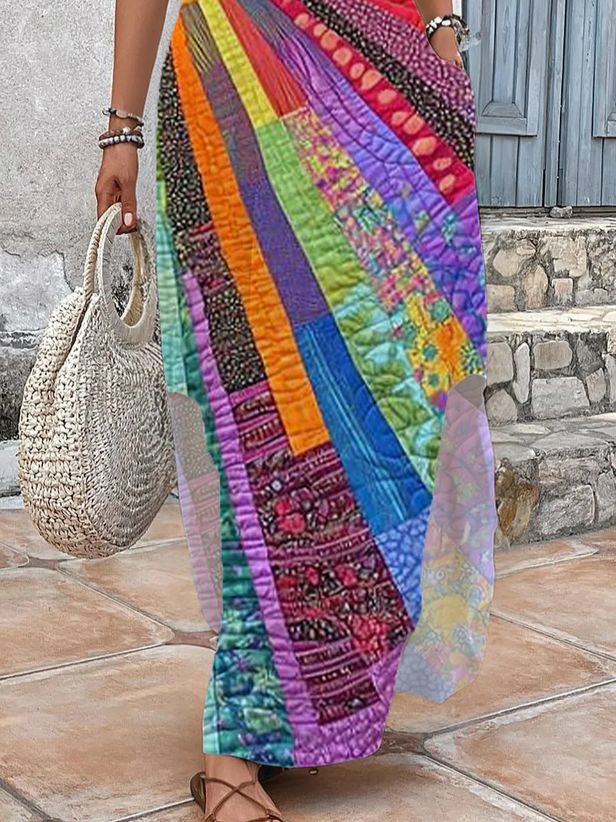 Women's Hippie Short Sleeve Summer Printing Dress V Neck Daily Vintage Maxi T-Shirt Dress H-Line Dress