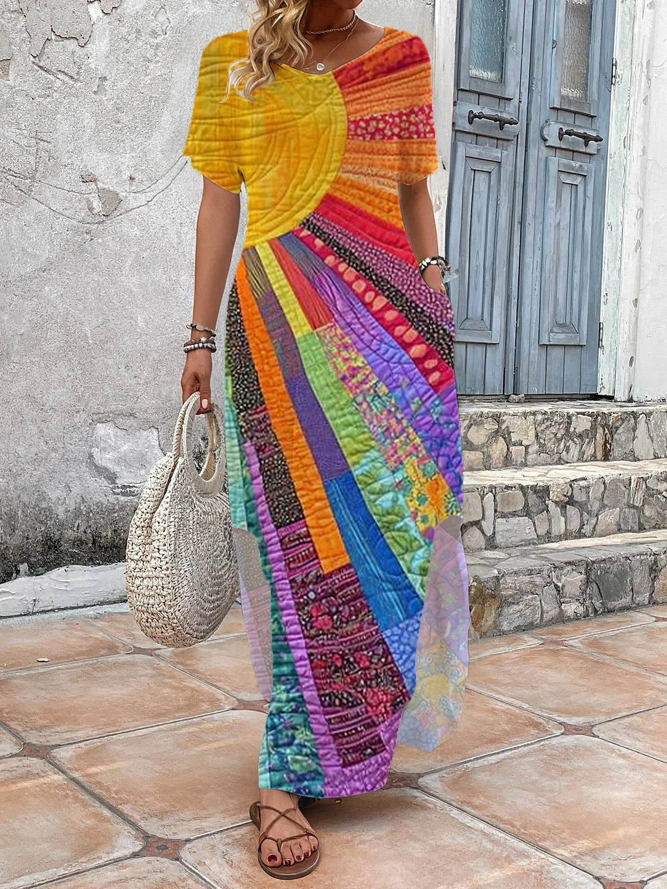 Women's Hippie Short Sleeve Summer Printing Dress V Neck Daily Vintage Maxi T-Shirt Dress H-Line Dress