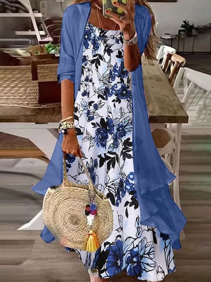 Women Floral Printing Two-Piece Set Daily Three Quarter Sleeve Casual Spring/Fall Dress With Coat Matching Set
