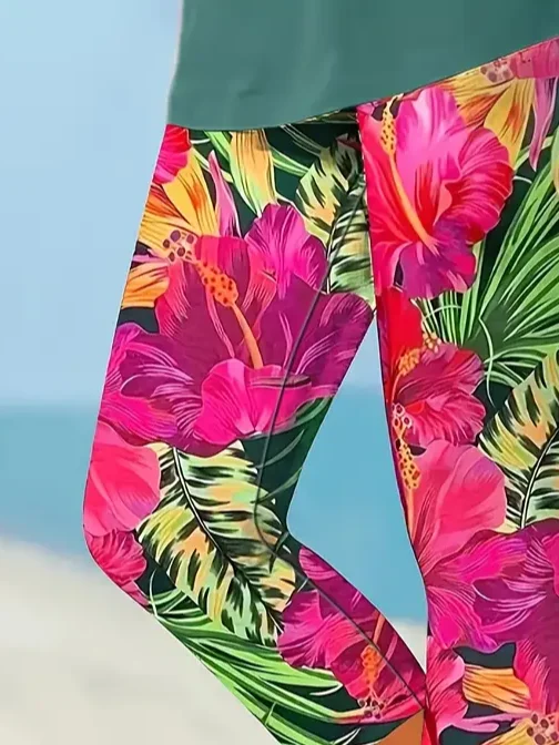 Women's Floral Capris Elastic Waist Pant Casual Summer Trousers