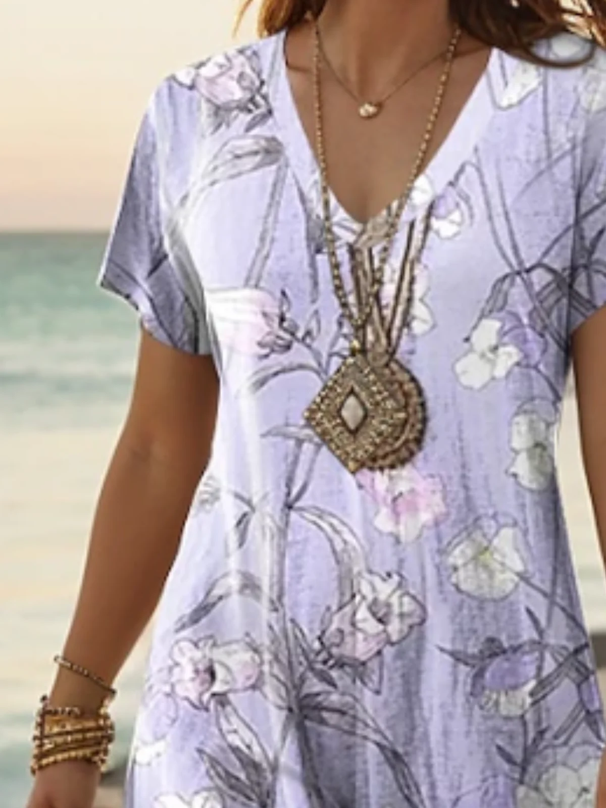 Women Floral Short Sleeve Summer Dress V Neck Daily Casual Maxi A-Line Dress
