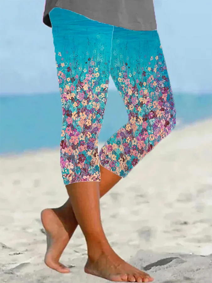 Women's Floral Capris Elastic Waist Pant Casual Summer Trousers