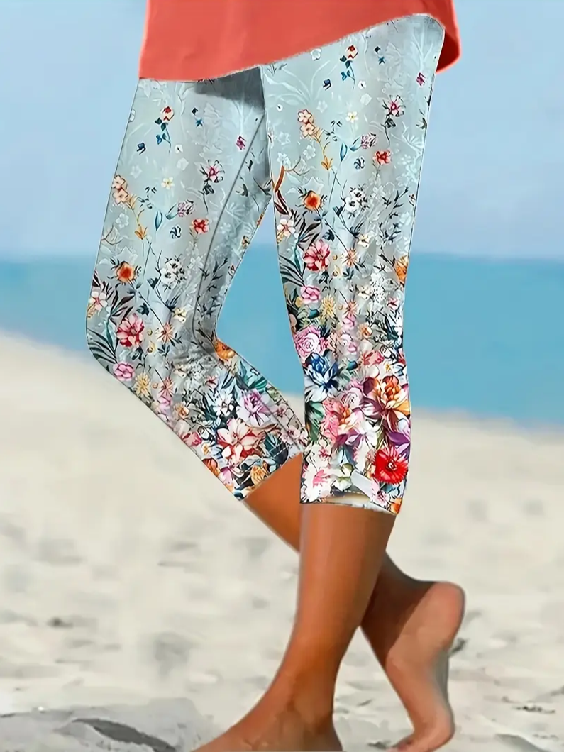 Women's Floral Capris Elastic Waist Pant Casual Summer Trousers
