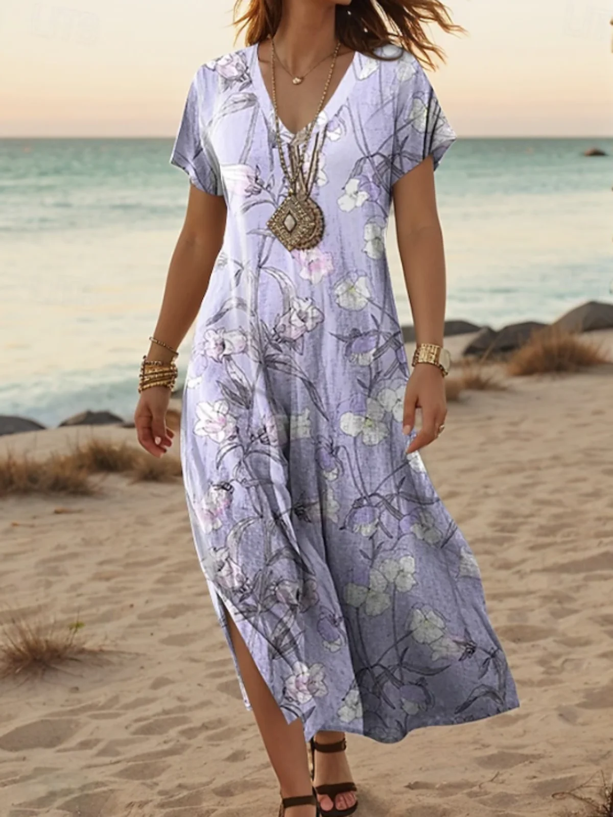 Women Floral Short Sleeve Summer Dress V Neck Daily Casual Maxi A-Line Dress