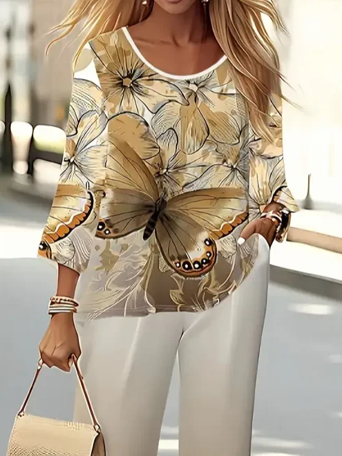 Women's Butterfly Printing Two-Piece Set Daily Long Sleeve Casual Spring/Fall Top With Pants Matching Set