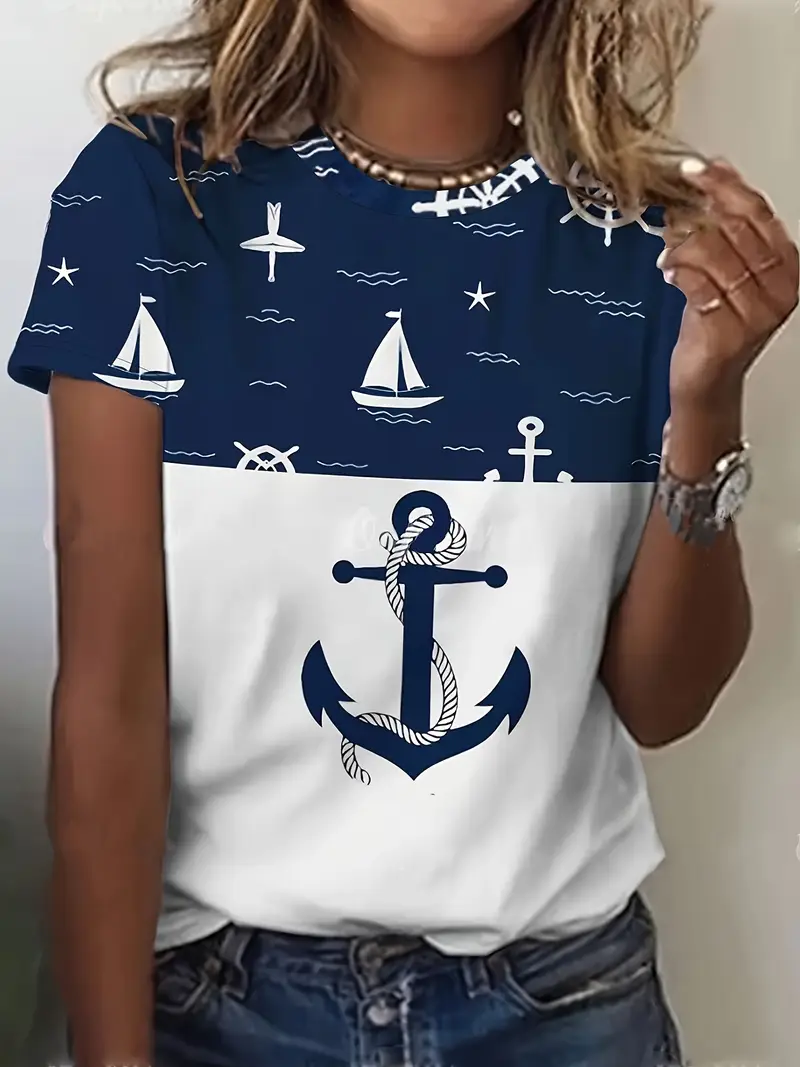 Women's Anchor Short Sleeve Tee T-shirt Crew Neck Printing Casual Summer Graphic Tee Top
