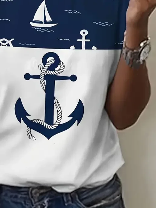 Women's Anchor Short Sleeve Tee T-shirt Crew Neck Printing Casual Summer Graphic Tee Top